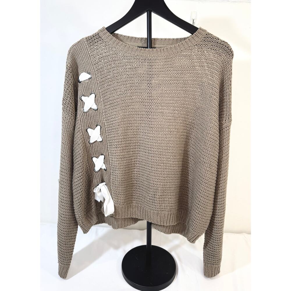 AQUA Taupe Knit Sweater with Ribbon Lace-Up Detail, Size L